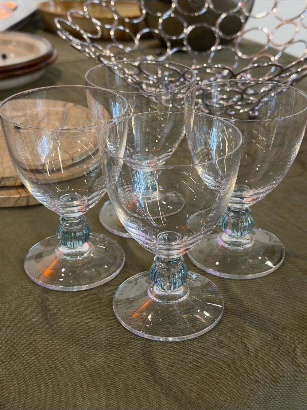 Set of Vintage Towle Wine Aqua Blue Ribbed Ball Stem Glasses